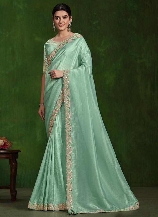 Crush Paper Silk Aqua Blue Wedding Wear Sequence Work Saree